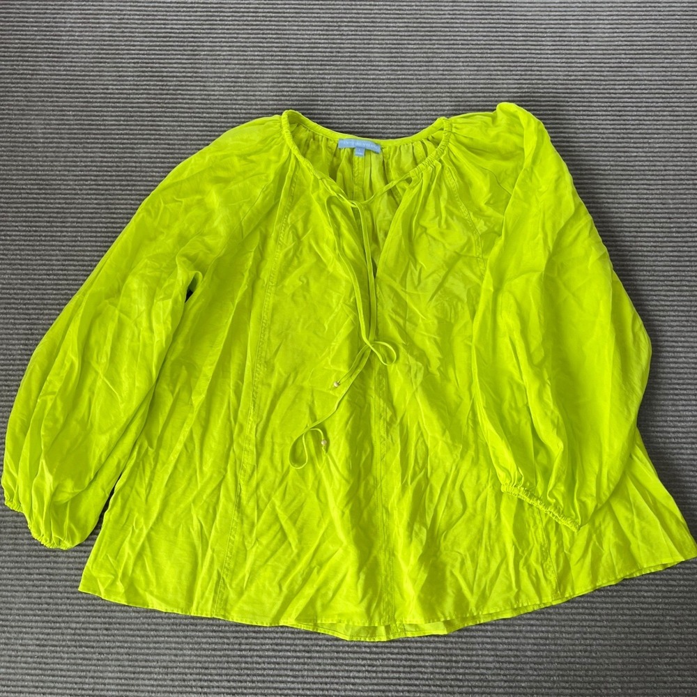 Antonio Melani Neon Yellow Peasant Blouse Long Sleeve Beaded‎ Tie Top Large